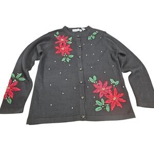 Vintage Victoria Jones Christmas Holiday Poinsetta Black Cardigan Sweater Sz S